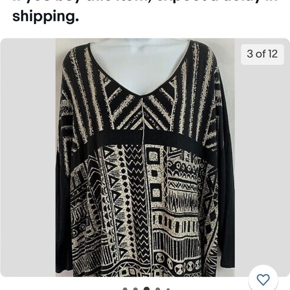Edista Plus Size 1X Black/Cream Aztec Graphic Top 3/4 Sleeve V-Neck Back Slit. - Picture 4 of 7